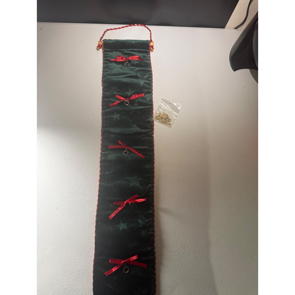 Vintage Christmas Card Holder Green Velvet Star Banner Red Bows Holiday Display